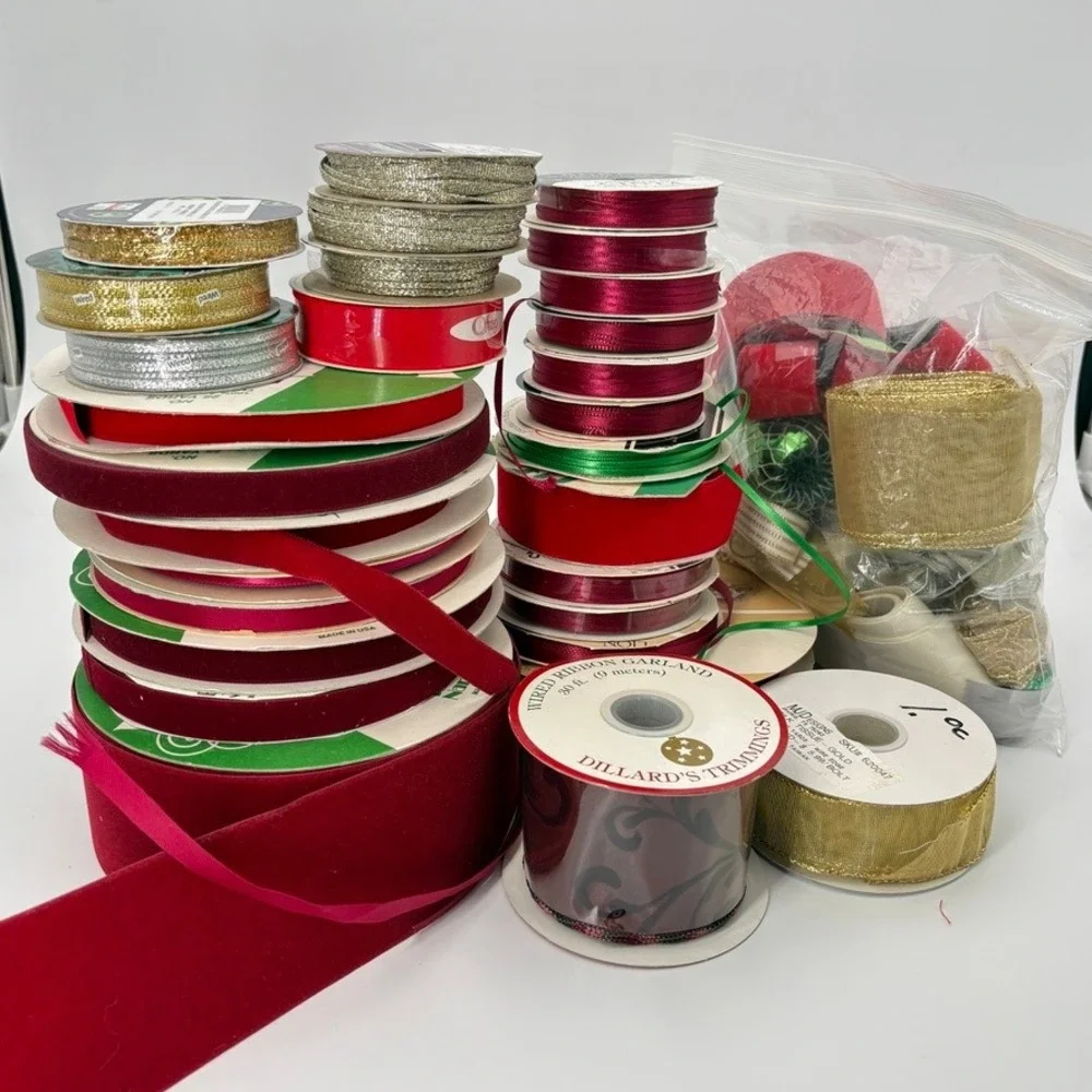 Christmas Ribbon Lot Vintage Offray Dillards Velvet Satin Metallic Spools